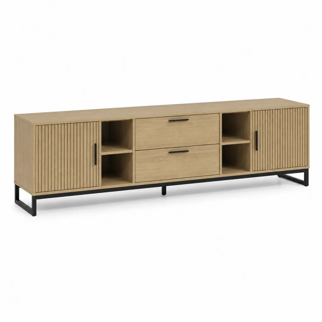 Mobile TV basso 180 x 40 x 60 cm in truciolare rovere naturale con ante scanalate e struttura in acciaio nero