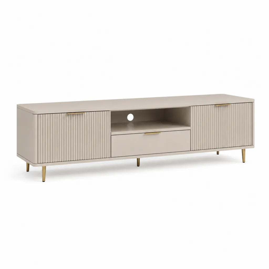 Mobile porta TV rettangolare in MDF crema con ante scanalate e gambe dorate 180 x 40 x 55 cm