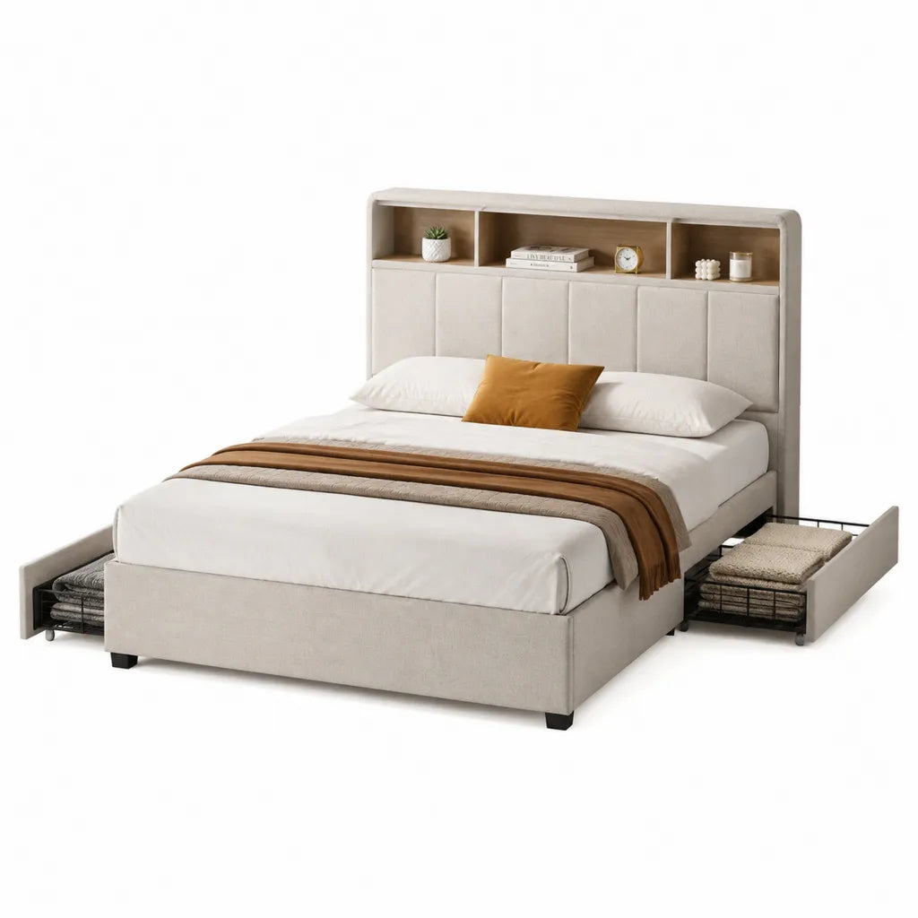 Letto contenitore matrimoniale imbottito 160 x 200 cm in poliestere beige con testiera a mensole e cassetti laterali