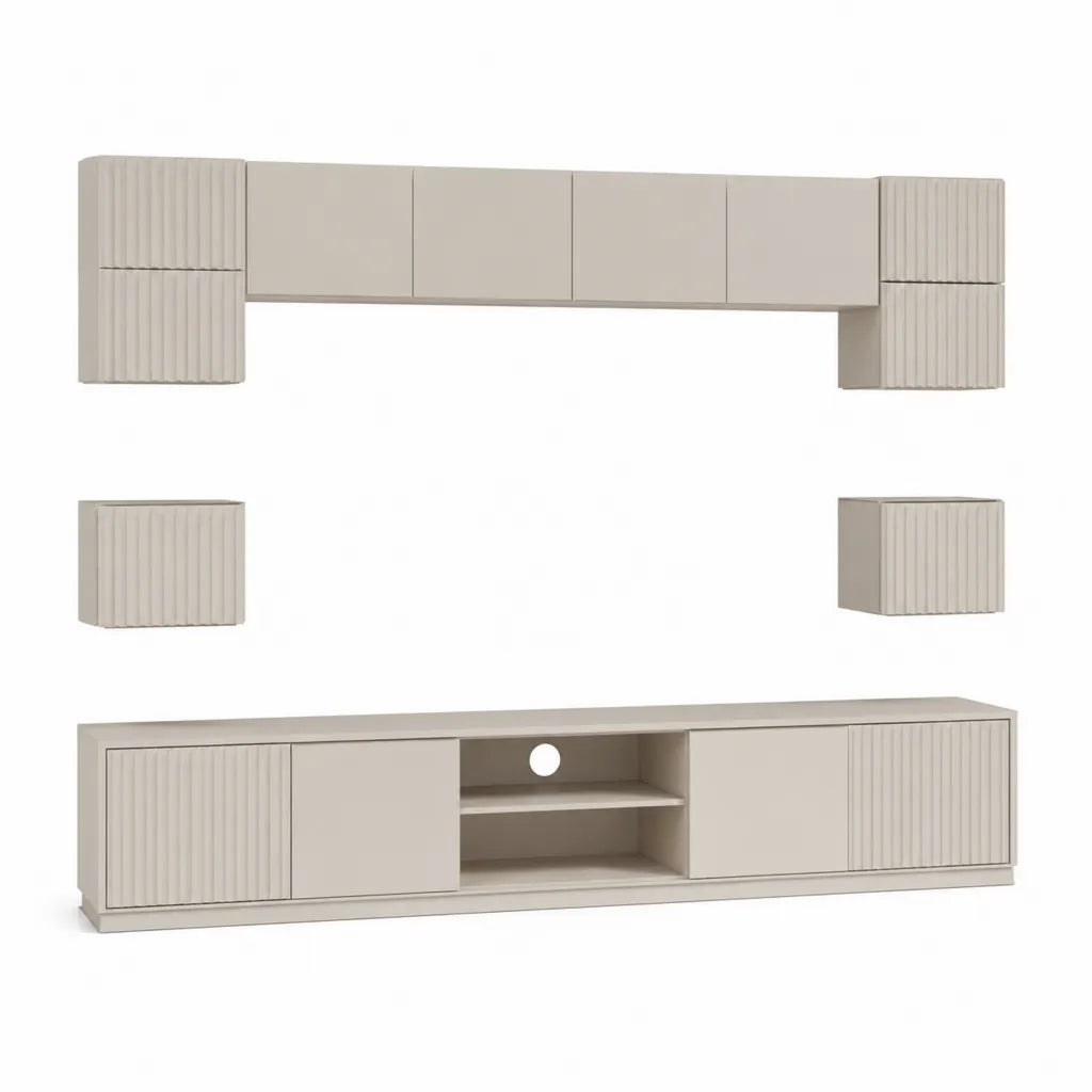 Parete attrezzata TV 6 pezzi in pannelli di truciolare melaminico beige 240 x 40 x 180 cm