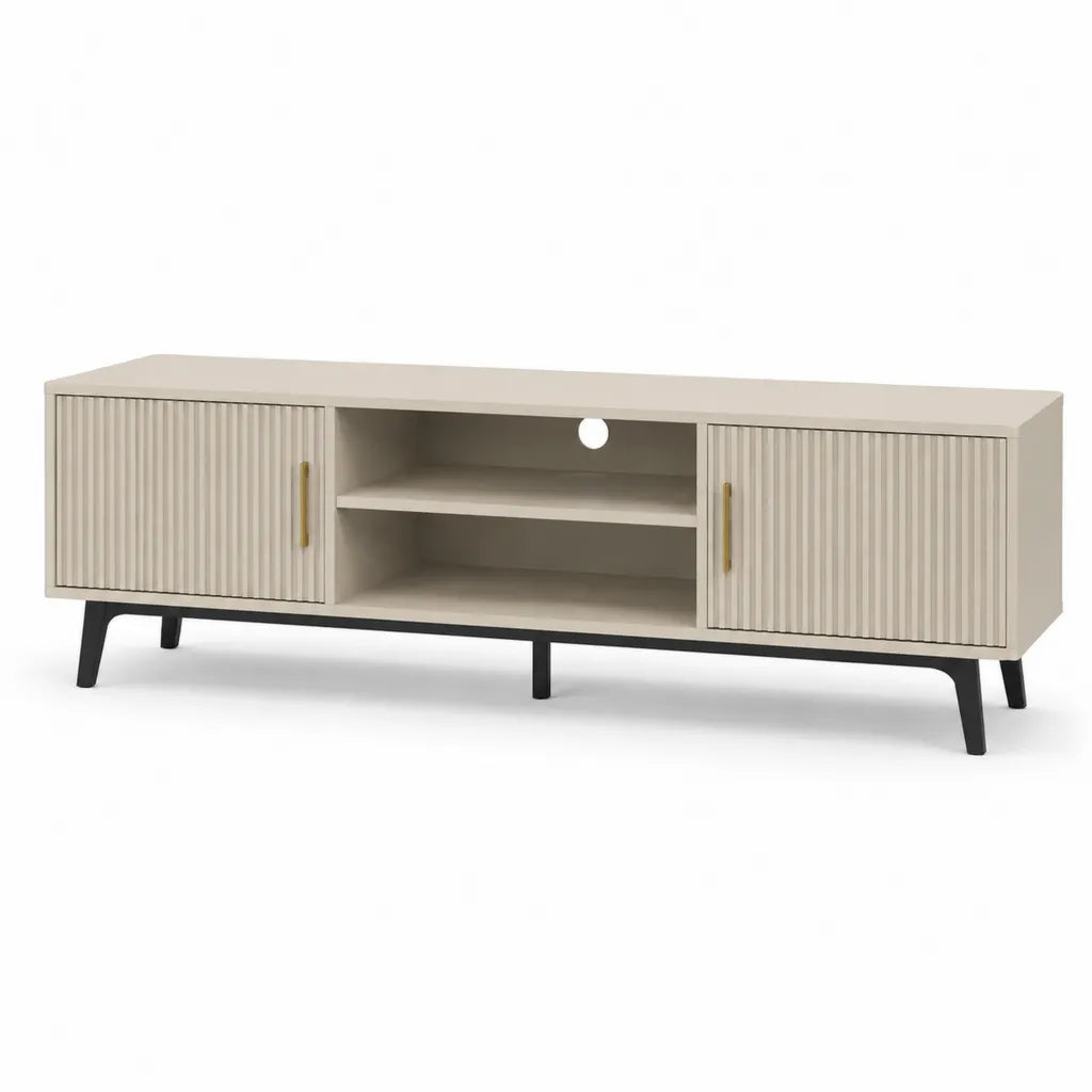 Mobile TV basso rettangolare in MDF beige con ante scanalate e gambe in acciaio 160 x 40 x 60 cm