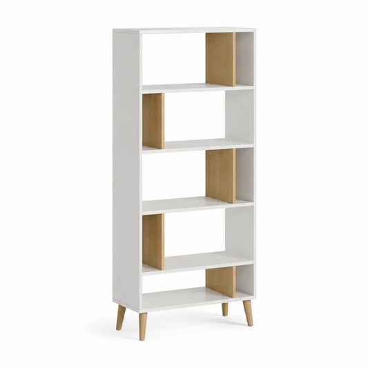 Libreria alta 80 x 30 x 180 cm in pannello di particelle bianco e rovere con 5 ripiani rettangolari