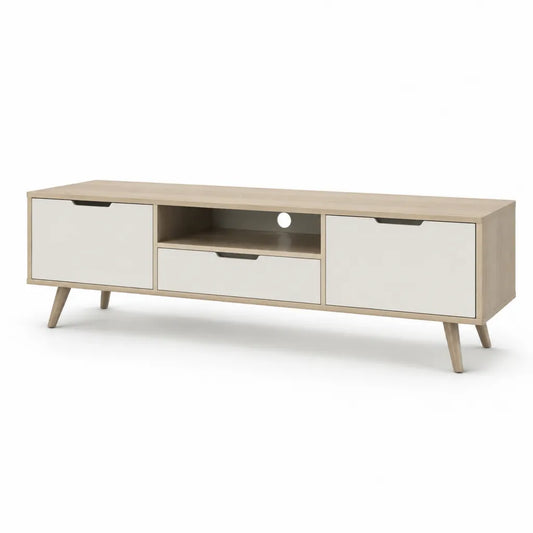 Mobile TV rettangolare con 2 ante 1 cassetto e vano a giorno in pannello truciolare bianco e rovere 160 x 40 x 50 cm