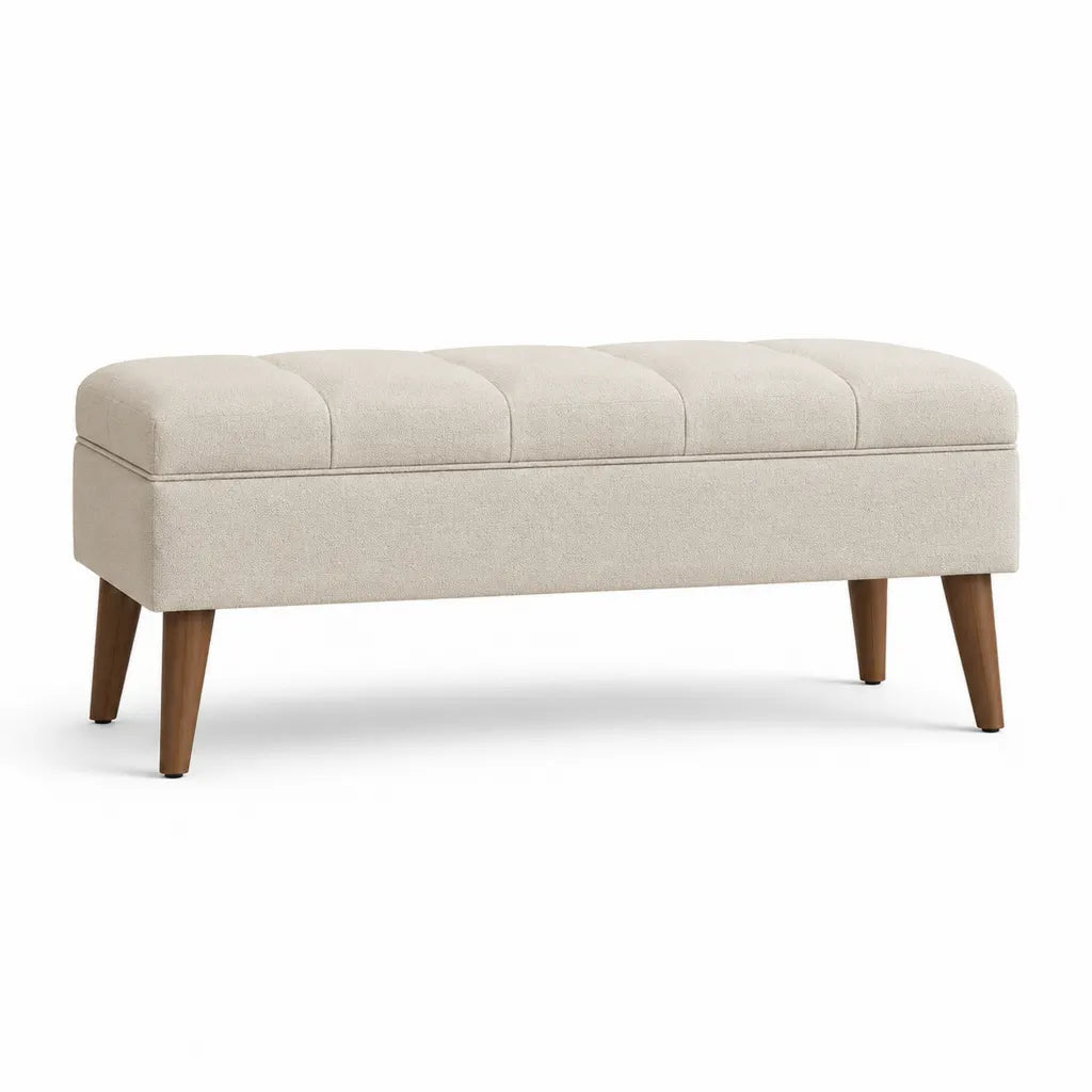 Panca fondoletto imbottita rettangolare in tessuto boucl¨¦ di poliestere beige con gambe in legno massello 120 x 40 x 46 cm