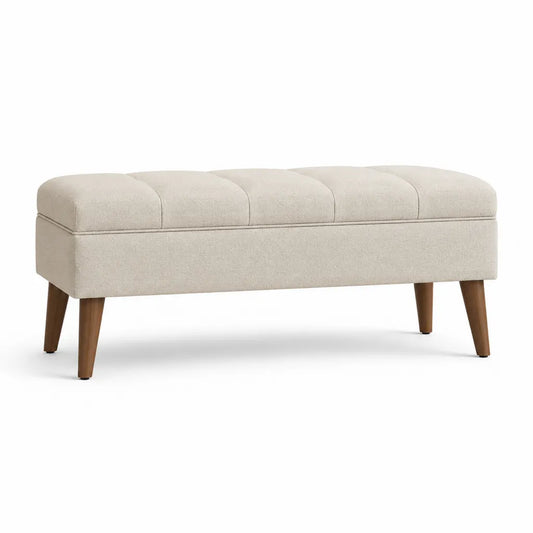 Panca fondoletto imbottita rettangolare in tessuto boucl¨¦ di poliestere beige con gambe in legno massello 120 x 40 x 46 cm