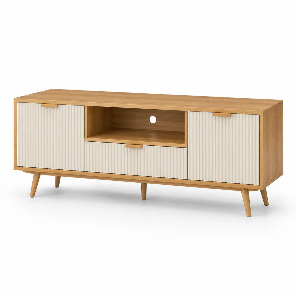 Mobile TV rettangolare in MDF impiallacciato rovere naturale e crema 160 x 40 x 65 cm