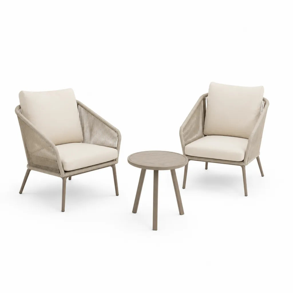 Set da giardino 2 poltrone con tavolino rotondo in alluminio e corda beige 60 x 65 x 82 cm