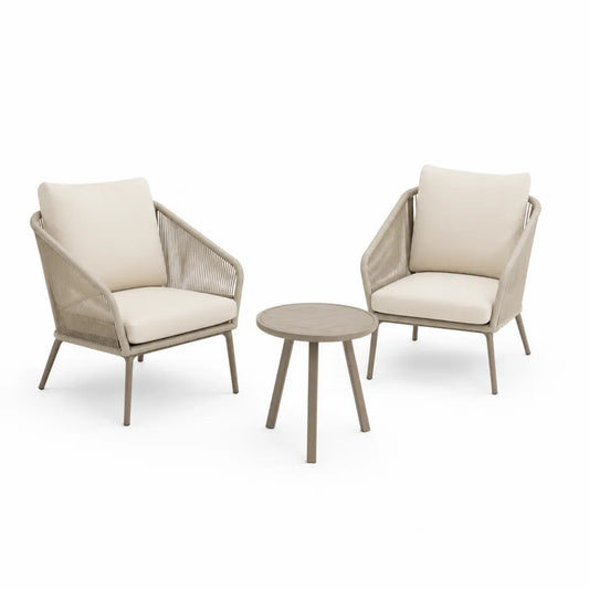 Set da giardino 2 poltrone con tavolino rotondo in alluminio e corda beige 60 x 65 x 82 cm