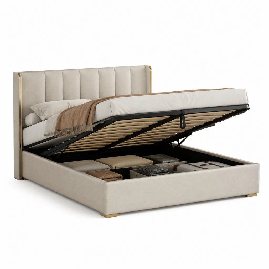 Letto contenitore matrimoniale 160 x 200 cm in poliestere beige con testiera imbottita e sollevamento a gas