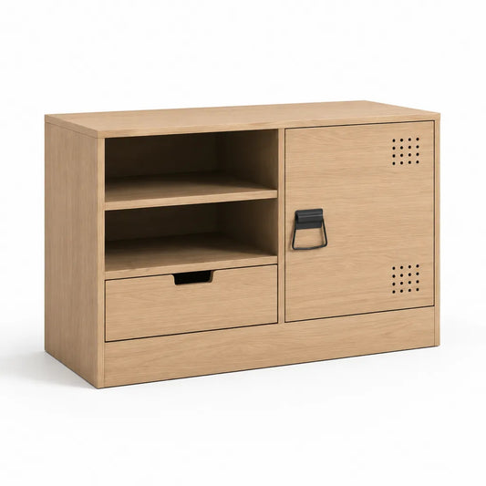 Mobile TV rettangolare in MDF effetto rovere naturale 100 x 40 x 75 cm con anta e cassetto
