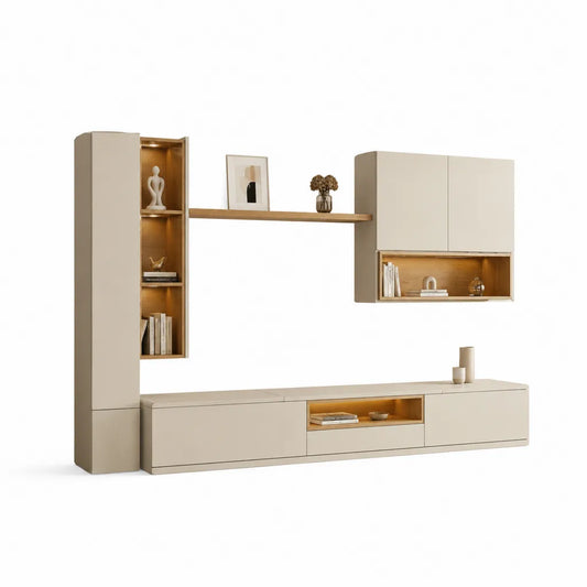 Parete attrezzata soggiorno con mobile TV 280 x 40 x 200 cm in MDF beige e rovere