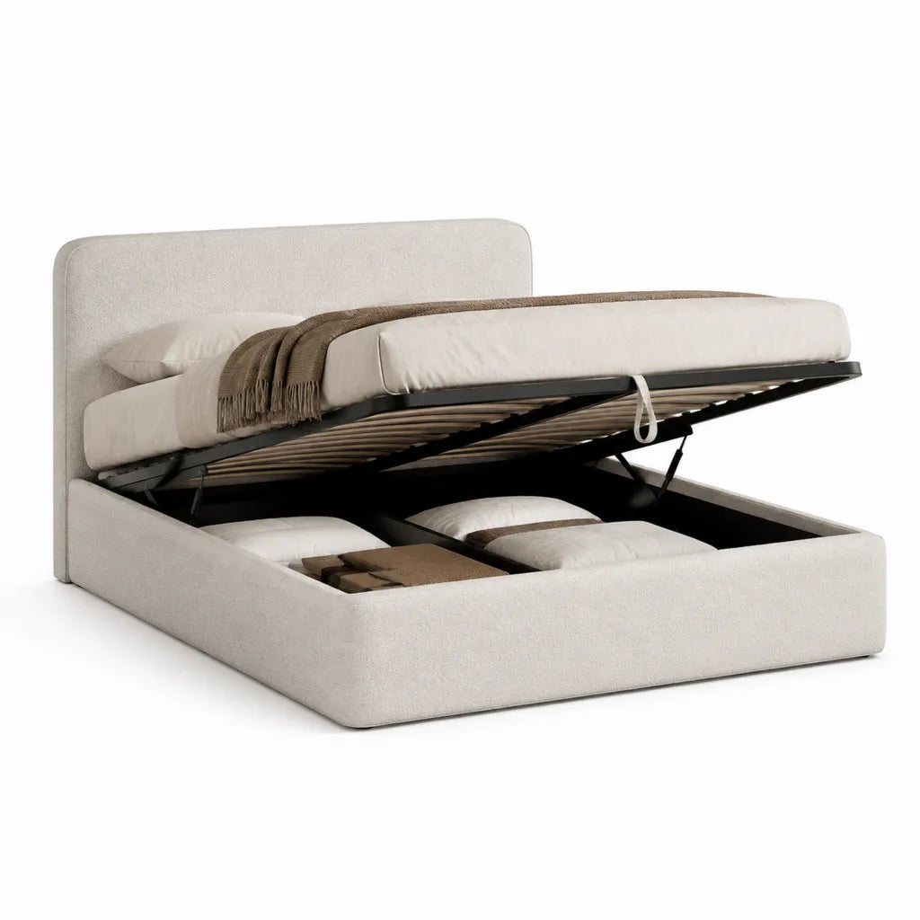 Letto contenitore matrimoniale 160 x 200 cm in poliestere beige con testiera rettangolare imbottita