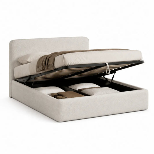 Letto contenitore matrimoniale 160 x 200 cm in poliestere beige con testiera rettangolare imbottita