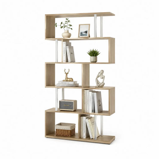 Libreria a giorno moderna 80 x 24 x 160 cm in MDF effetto rovere chiaro con supporti in acciaio bianco