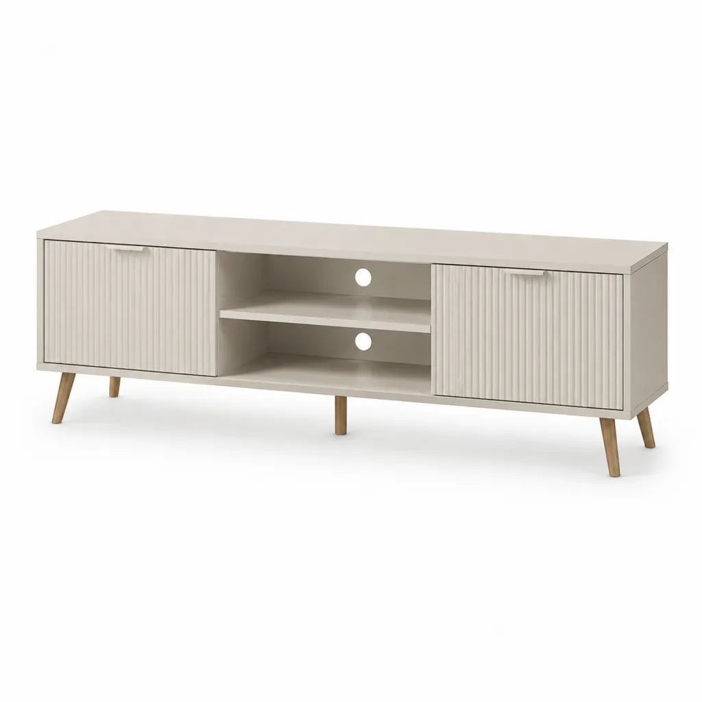 Mobile TV rettangolare in MDF crema con ante scanalate e gambe effetto legno 160 x 40 x 60 cm