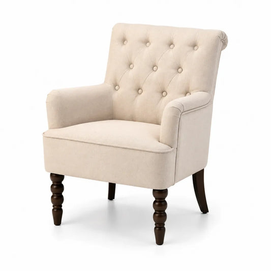 Poltrona imbottita capitonn¨¦ 75 x 80 x 102 cm in poliestere beige con gambe in legno massello