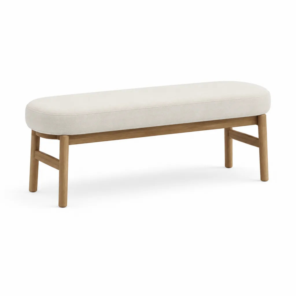 Panca fondoletto imbottita 120 x 40 x 46 cm in poliestere e legno massello di gomma ovale bianco crema