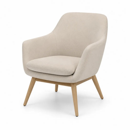Poltrona imbottita con braccioli in poliestere beige e gambe in legno massello 72 x 75 x 88 cm