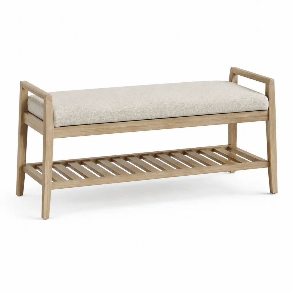 Panca fondoletto con scarpiera 120 x 42 x 60 cm in legno massello di gomma beige rettangolare