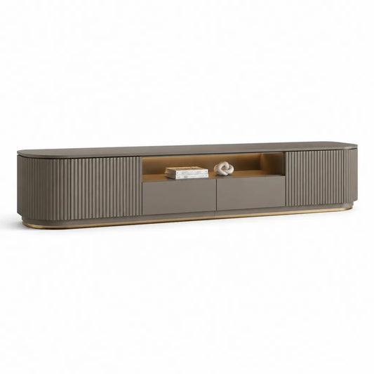 Mobile TV basso 200 x 40 x 50 cm in MDF grigio tortora con ante scanalate e dettagli oro