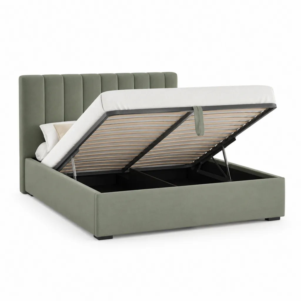 Letto contenitore matrimoniale 160 x 200 cm in poliestere verde salvia con testiera imbottita