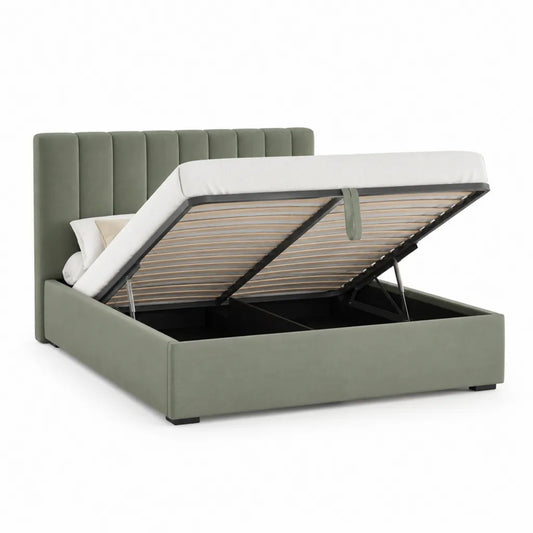 Letto contenitore matrimoniale 160 x 200 cm in poliestere verde salvia con testiera imbottita