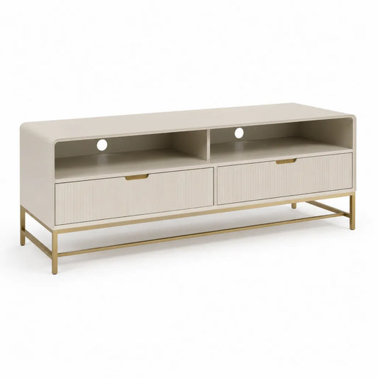 Mobile TV rettangolare con 2 cassetti e 2 vani in MDF avorio e acciaio dorato 140 x 40 x 55 cm