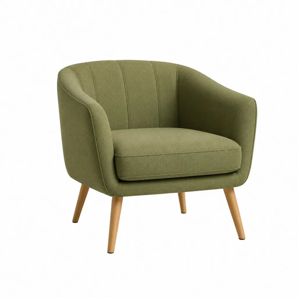 Poltrona imbottita da soggiorno in poliestere verde oliva con gambe in legno massello 74 x 75 x 80 cm
