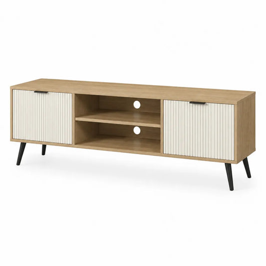 Mobile TV basso 160 x 40 x 55 cm in pannello truciolare effetto rovere con ante scanalate avorio