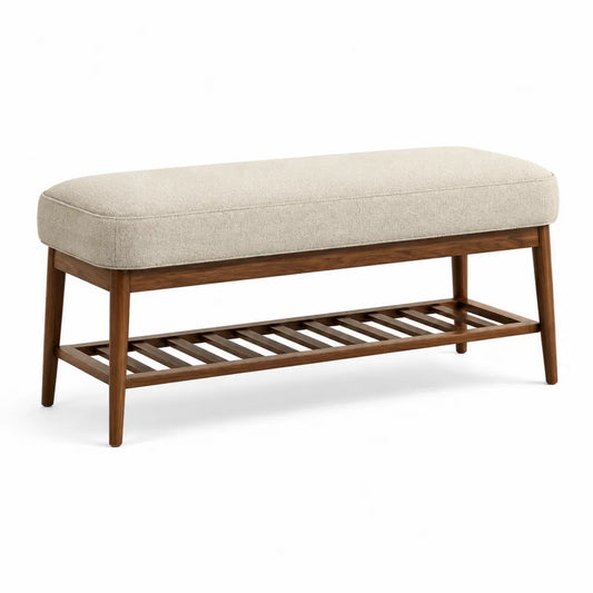 Panca fondoletto imbottita con ripiano inferiore 120 x 40 x 50 cm in legno massello di gomma noce e poliestere beige