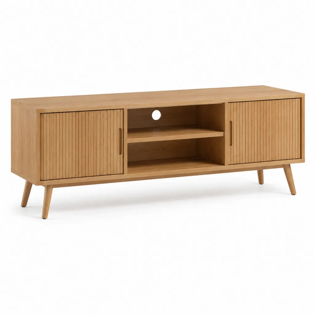 Mobile TV in rovere con 2 ante scorrevoli scanalate e vano aperto 140 x 40 x 60 cm naturale