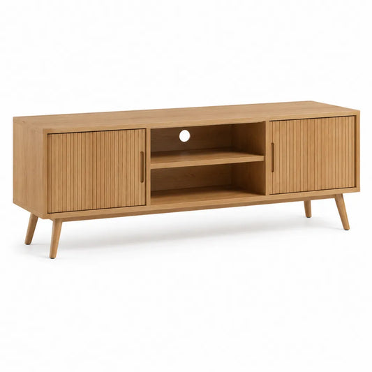 Mobile TV in rovere con 2 ante scorrevoli scanalate e vano aperto 140 x 40 x 60 cm naturale