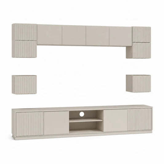 Parete attrezzata TV 6 pezzi in pannelli di truciolare melaminico beige 240 x 40 x 180 cm