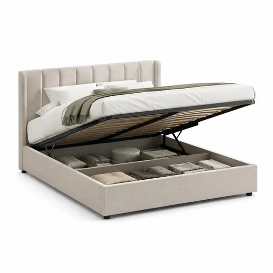 Letto contenitore matrimoniale imbottito rettangolare in poliestere beige 160 x 200 cm
