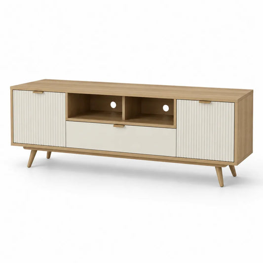 Mobile TV con 2 ante e cassetto in truciolare e MDF rettangolare rovere chiaro bianco 160 x 40 x 55 cm