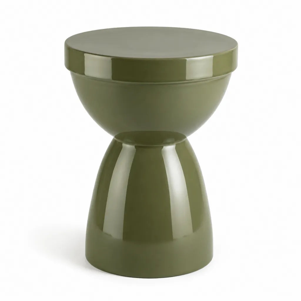 Tavolino laterale rotondo in ceramica smaltata verde oliva ?35 x 45 cm