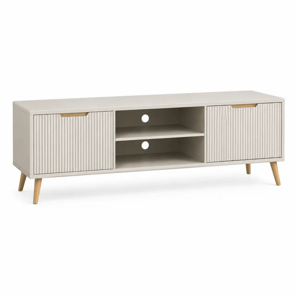Mobile TV basso rettangolare in MDF bianco con ante scanalate e gambe in legno 140 x 40 x 50 cm