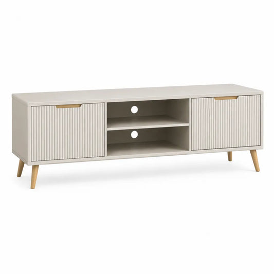 Mobile TV basso rettangolare in MDF bianco con ante scanalate e gambe in legno 140 x 40 x 50 cm