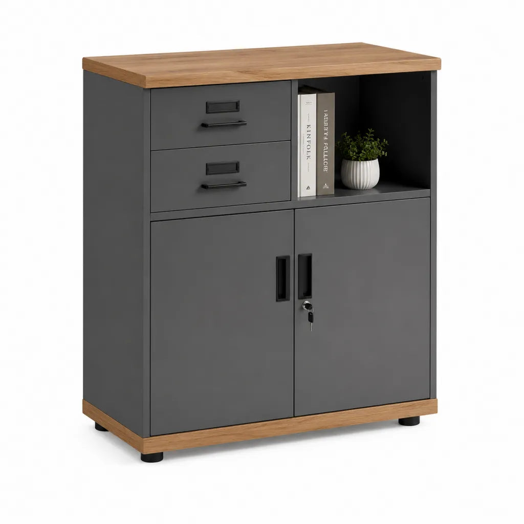 Armadio da ufficio con 2 cassetti vano a giorno e ante con serratura 80 x 40 x 90 cm in truciolare grigio antracite e rovere