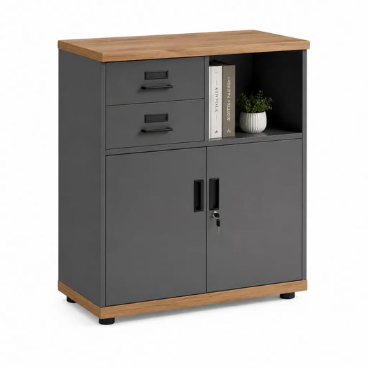Armadio da ufficio con 2 cassetti vano a giorno e ante con serratura 80 x 40 x 90 cm in truciolare grigio antracite e rovere
