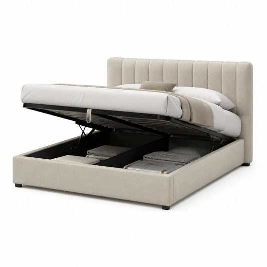 Letto contenitore matrimoniale 160 x 200 cm imbottito in poliestere beige con testiera rettangolare